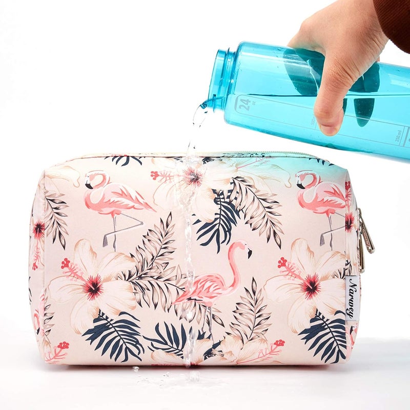 Narwey Cute Makeup Bag Travel Cosmetic Bag Organizer Toiletry Bag Make Up Bags with Compartments for Women Girls (Large, Beige Flamingo) - Image 4